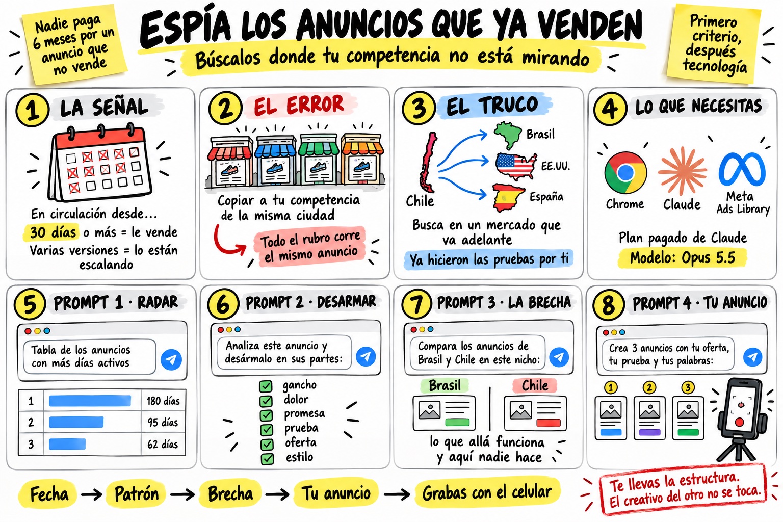 Infografía en 8 pasos: 1 la señal (30 días o más activo), 2 el error (copiar a la competencia de tu ciudad), 3 el truco (buscar en Brasil, EE.UU. y España), 4 lo que necesitas (Chrome, Claude con Opus 5.5 y la Biblioteca de Anuncios de Meta), 5 a 8 los cuatro prompts: radar, desarmar, la brecha y tu anuncio