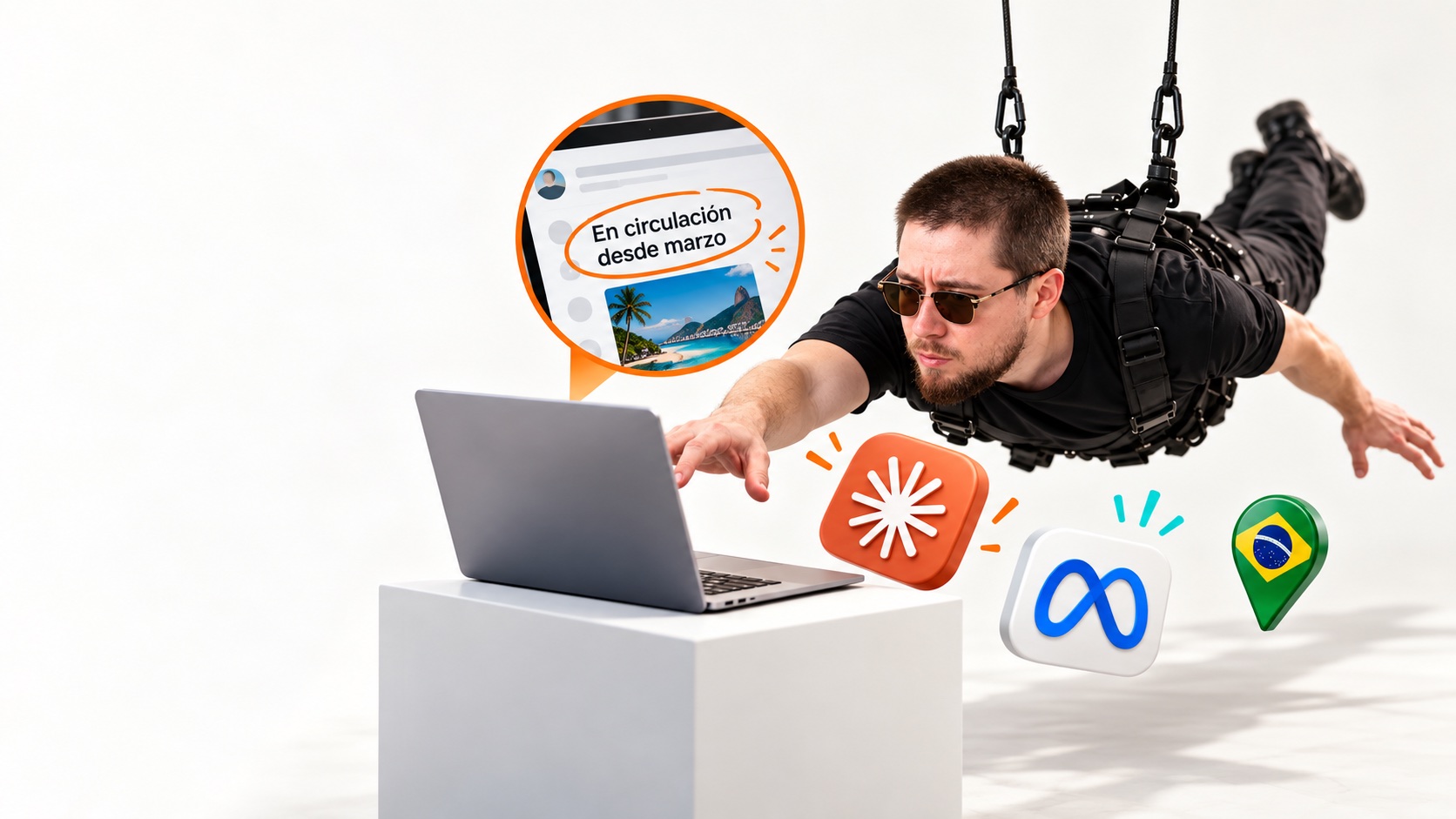 Patricio colgando de cables estilo Misión Imposible, estirando la mano hacia un laptop; un zoom muestra un anuncio con la etiqueta 'En circulación desde marzo', junto a los íconos de Claude, Meta y Brasil